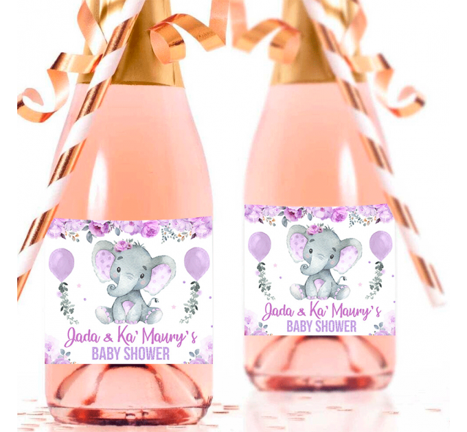 Girl Baby Shower with Purple Elephant Mini champagne bottle labels