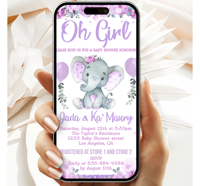 Digital Girl Baby Shower invitation with Purple Elephant 