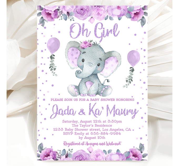 Girl Baby Shower chip bag with Purple Elephant