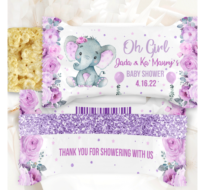 Girl Baby Shower Rice treat wrapper Purple Elephant