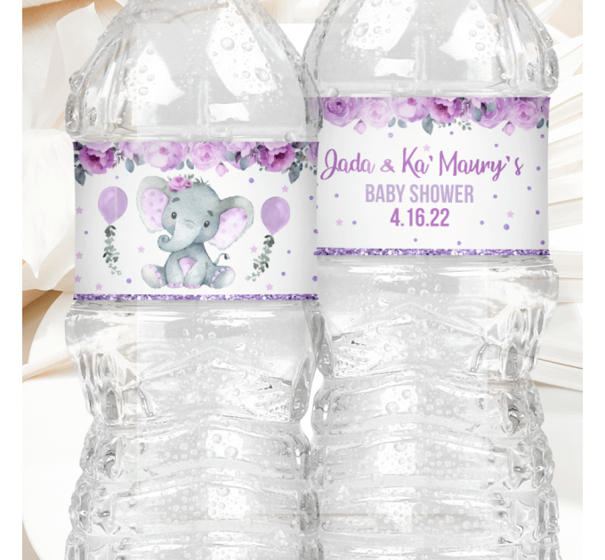 Girl Baby Shower water bottle label with Purple Elephant