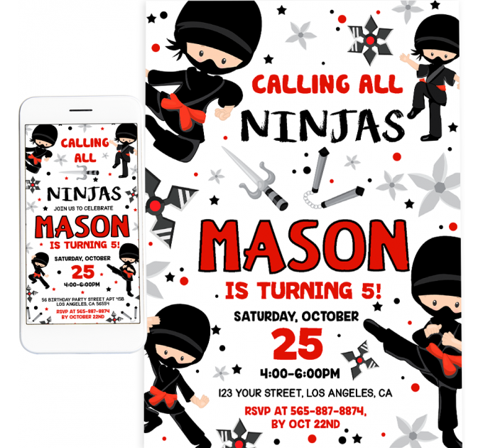 Editable Ninja Karate Birthday Party Invitation