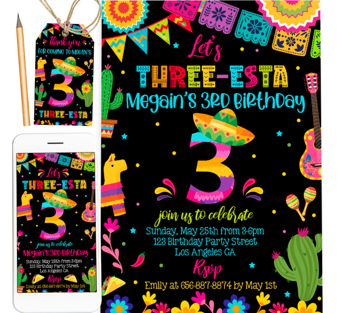 Three-esta Birthday Party invitation